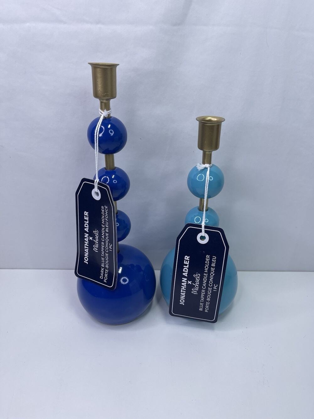 Jonathan Adler Michaels Taper Candle Holder Set 2 Blue Stacked Sphere Modern NWT
